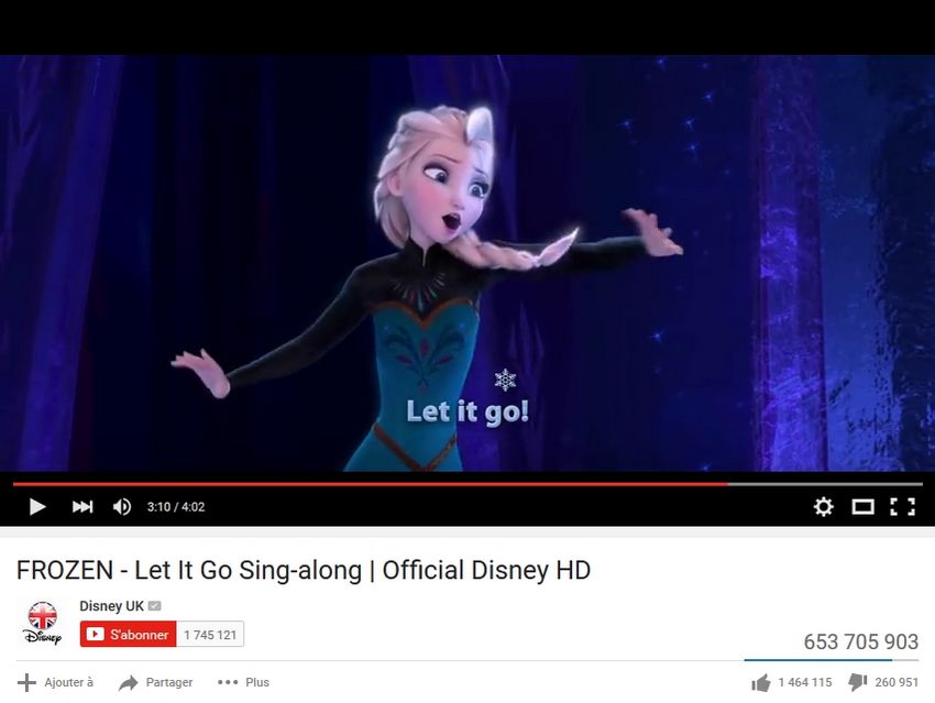 Walt Disney : intégration des paroles pour chanter avec la Reine des Neiges sur Youtube